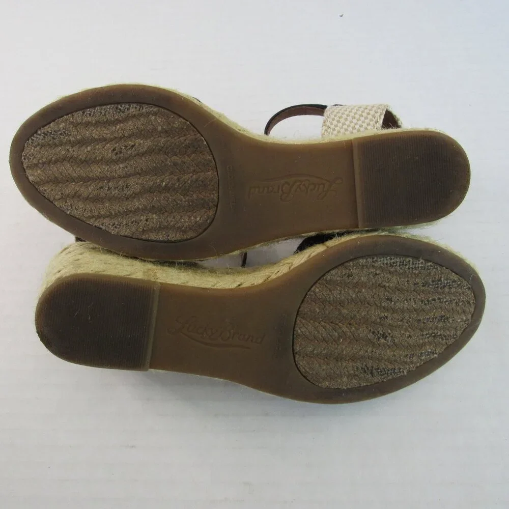 Lucky Brand Espadrille Wedge Sandals Black Tan & White Size 6M